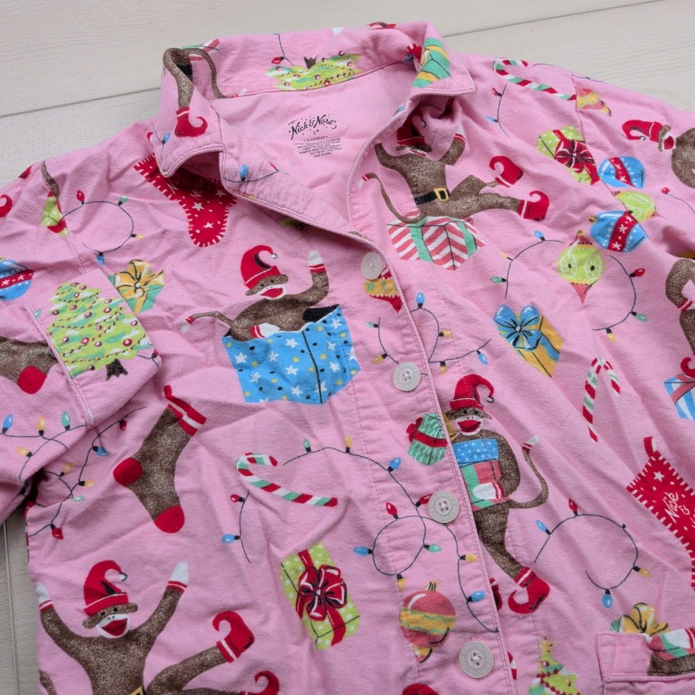 Nick & Nora Pink Sock Monkey Christmas Flannel Pajama Top Women S Holiday PJ Top
